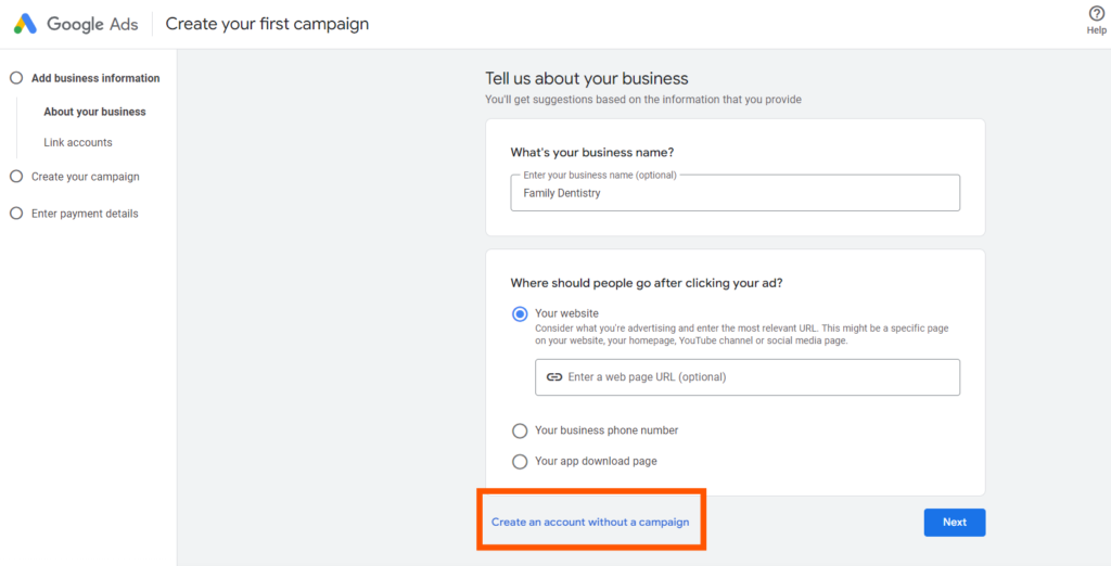 create an account without a campaign