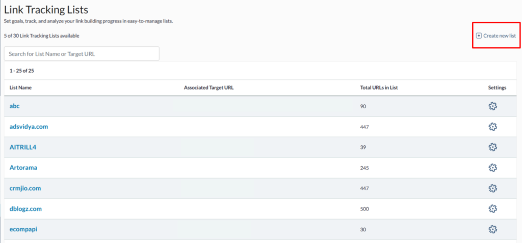 Moz Link Tracking Lists