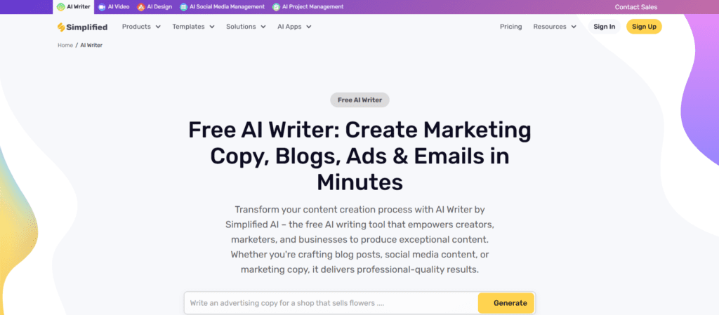 Simplified AI free writing tool