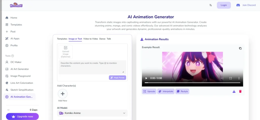 Komiko AI Image Animation Generator