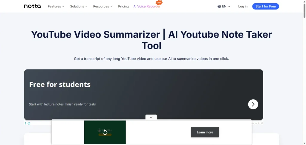 Notta YouTube Video Summarizer