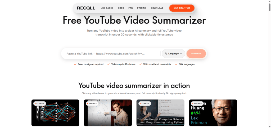 Recall Youtube video summarizer