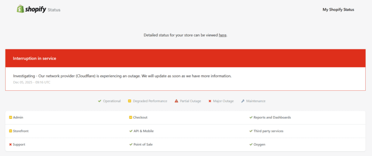 Shopify Server Status Widespread Outage - 5th December 2025, 9:00am UTC. Cloudflare Issue ...
