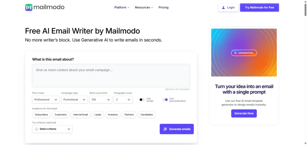 Free AI Email Writer by Mailmodo